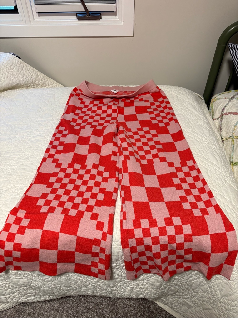 Ascot and Hart XL Red Pink Checkerboard Wide Leg Knit Pants